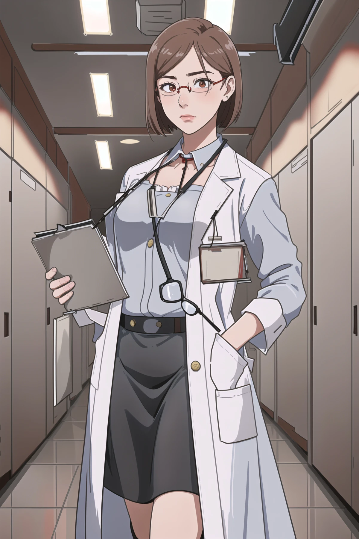 masterpiece, ((best quality)), ((highly detailed)),((detailed eyes, deep eyes)), (1girl:1.4), ((from behind tight ass tiny waist:1.2)), Nobara, kugisaki nobara, short hair, skirt, large breasts, brown hair, closed mouth, brown eyes, short hair, ((dark grey pencil skirt, white blouse with ruffled collar, black-framed glasses, red high heels, holding a book::1.5)), (complex detailed background, inside, classroom with chalkboard, desks, cowboy shot::1.3) <lora:nobara:1>