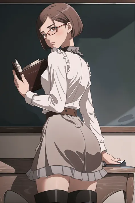 masterpiece, ((best quality)), ((highly detailed)),((detailed eyes, deep eyes)), (1girl:1.4), ((from behind tight ass tiny waist:1.2)), Nobara, kugisaki nobara, short hair, skirt, large breasts, brown hair, closed mouth, brown eyes, short hair, ((dark grey pencil skirt, white blouse with ruffled collar, black-framed glasses, red high heels, holding a book::1.5)), (complex detailed background, inside, classroom with chalkboard, desks, cowboy shot::1.3) <lora:nobara:1>