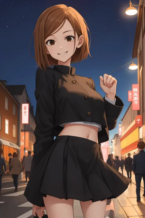 <lora:nobara:0.9>kugisaki nobara, 1girl, close-up, crop top, black miniskirt, oversized jacket, brown eyes, brown hair, short hair, smiling, night, street scenery,