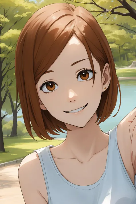 <lora:nobara:0.9>kugisaki nobara, 1girl, close-up, white tank top, brown eyes, brown hair, short hair, smiling, park scenery,
