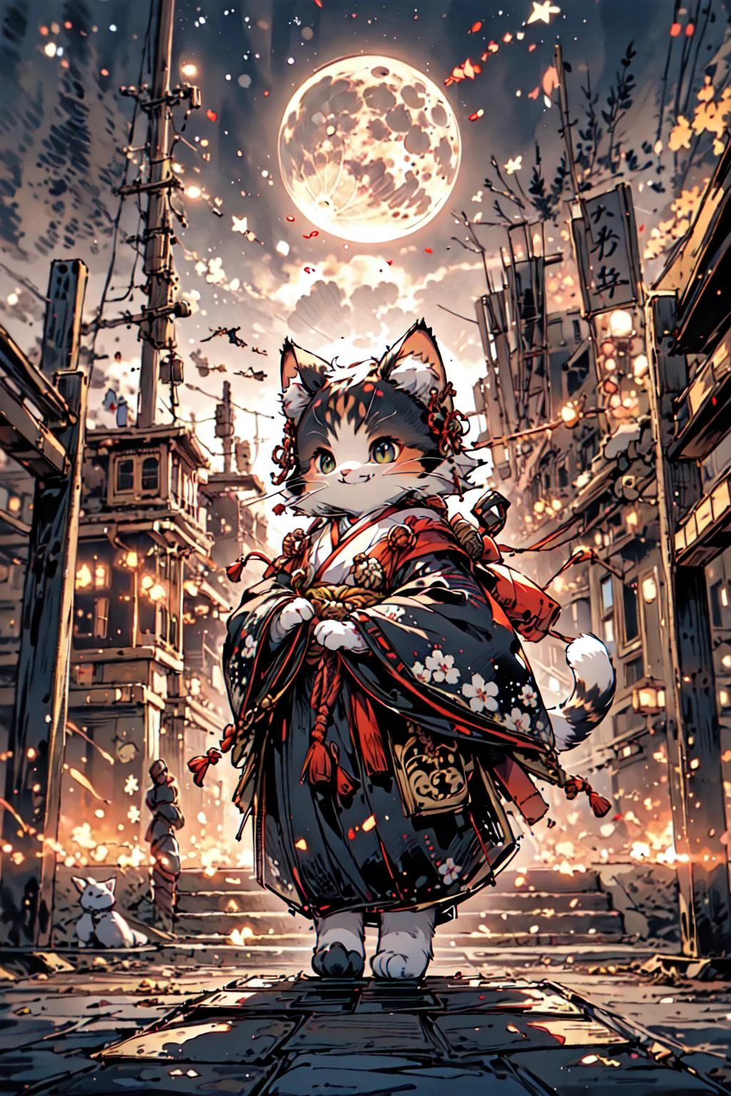 <lora:maomi:0.75> , film quality, a cat, kitty , solo , maomi, chibi,cute,(full body:1.35), soft light, detailed(glow , shadow), dynamic posture, hair pin, hanfu,
BREAK(beautiful detailed nose, beautiful detailed eyes, perfect anatomy),
BREAK(<lora:DisasterGirlMeme:1>, (fire, flame, burn):1.1, (evil smile, grin, smug):1.1 , outdoors, IncrsDisasterGirlMeme)
BREAK(<lora:cozy animation scenes_20230824111332:0.4>, PIXIV,cozy animation scenes, scenery, outdoors, detailed wood temple, wide view, starry night, moon,),
<lora:more_details:0.5>, extremely detailed, CG, 8k Amazing, finely detail, (masterpiece:2.0, best quality), (intricate details, depth of field), <lora:bf1:0.45>, (no humans),