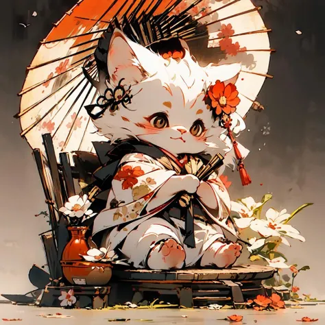 maomi, cat, 1girl, white hair, chibi, cute, smile, Chinese clothes,holding umbrella, upper body, sitting, falling flower, red flower, deciduous, outdoor, cloud, 
(masterpiece:1,2), best quality, masterpiece, highres, original, extremely detailed wallpaper, perfect lighting,(extremely detailed CG:1.2)     <lora:maomi-00003:0.9>