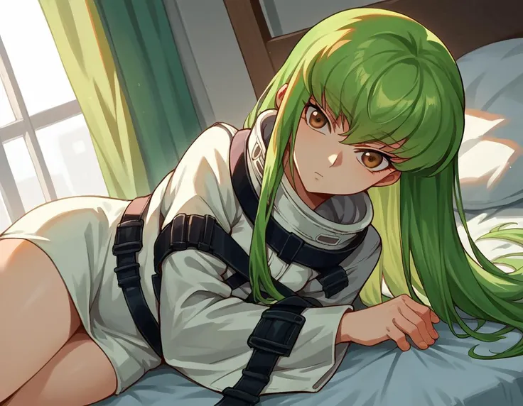 score_9, score_8_up, score_7_up, source_anime,
codegeasscc, <lora:codegeass-cc-ponyxl-lora-nochekaiser:1>,
cc, brown eyes, green hair, long hair, straight hair,
straitjacket, white straitjacket, wide sleeves,
indoors, bed, bed room, on side,
looking at viewer, dutch angle, cowboy shot,