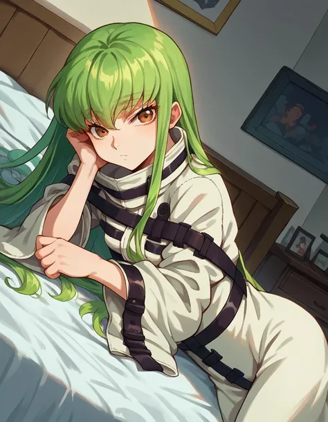 score_9, score_8_up, score_7_up, source_anime,
codegeasscc, <lora:codegeass-cc-ponyxl-lora-nochekaiser:1>,
cc, brown eyes, green hair, long hair, straight hair,
straitjacket, white straitjacket, wide sleeves,
indoors, bed, bed room, on side,
looking at viewer, dutch angle, cowboy shot,