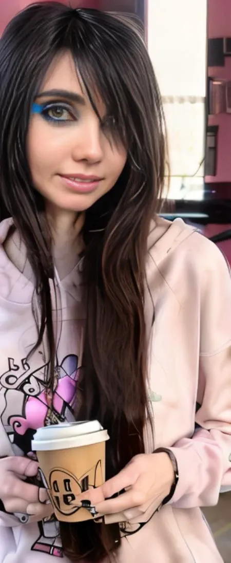 ( skinny :1.2), thin girl, with pastel sweatshirt, with black hair, <lora:EugeniaCooneyV4:1> emo style hair , black hair , drinking a coffee