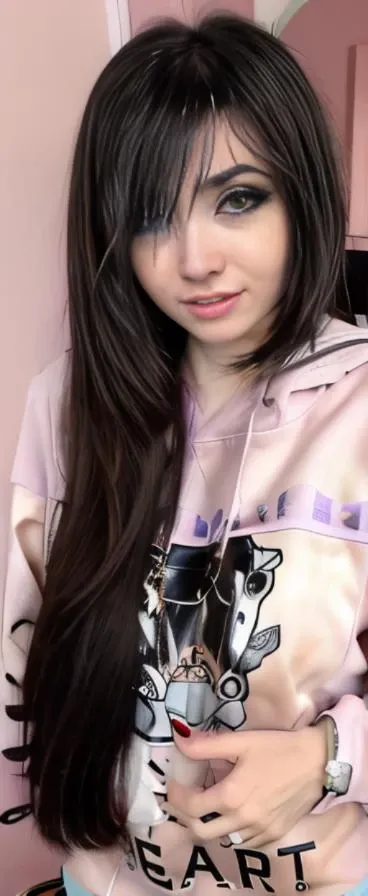 thin girl, with pastel sweatshirt, with black hair, <lora:EugeniaCooneyV4:1> emo style hair