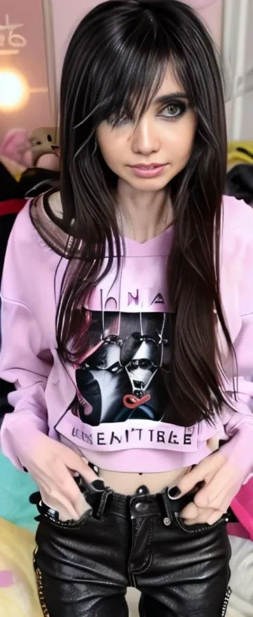( skinny :1.2), thin girl, with pastel sweatshirt, with black hair, <lora:EugeniaCooneyV4:1> emo style hair , black hair