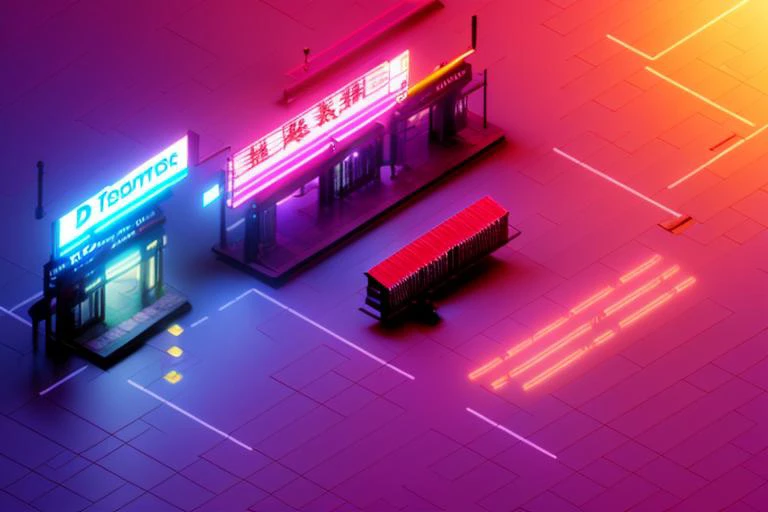 dskise, (isometric) , (neon), (vaporwave), isometric cutaway of an airport in tokyo, volumetric lighting , (unreal engine), octane dender, dskise