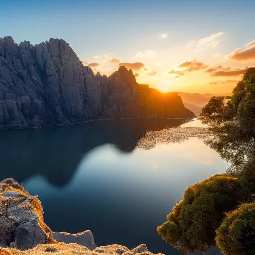 ((masterpiece)), ((best quality)), 8k, high detailed, ultra-detailed planet, cliff side reflecting off of clear water,