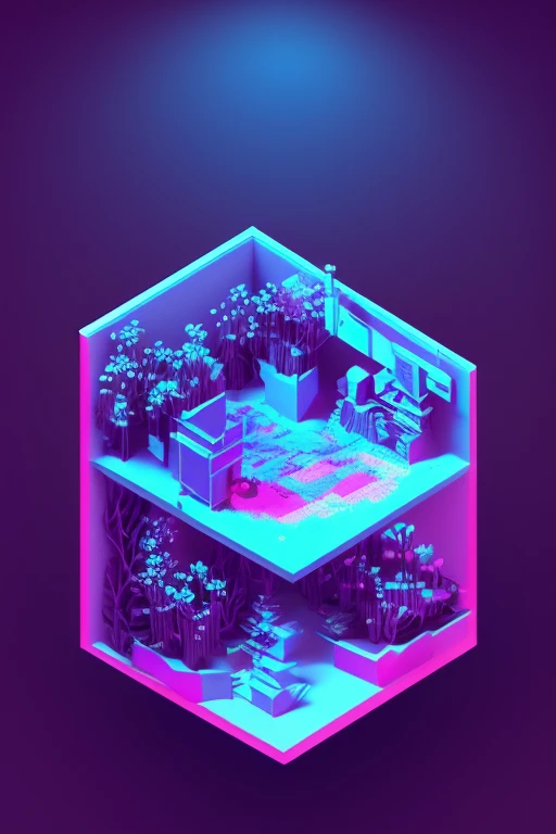 dskise, (isometric) , (flower), (vaporwave), isometric cutaway of a crystalized flower bloom,  volumetric lighting ,FXAA, Chromatic Aberration, Concept Art, 8k Concept Art, Greg Rutowski, (unreal engine), octane render, dskise