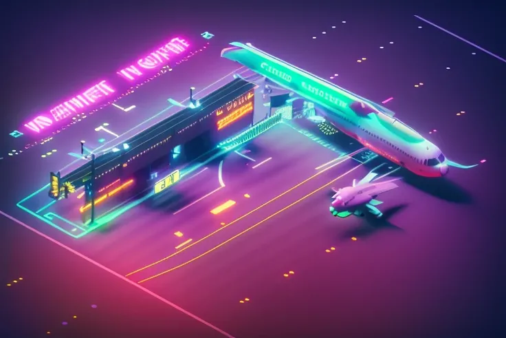 dskise, (isometric) , (neon), (vaporwave), isometric cutaway of an airport in tokyo, volumetric lighting , (unreal engine), octane dender, dskise