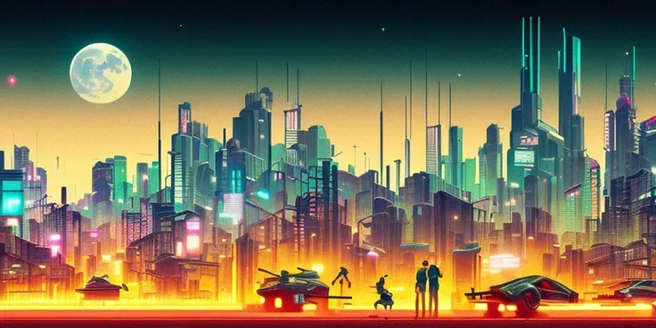 absurdness, wide image, masterpiece, best quality, cityscape, halftone, cinematic lighting, Cyberpunk style, Blade Runner 2049 style, Morandi color tone. A grand building is in the middle of the picture, with a huge moon in the sky and a few spaceships shuttling in the sky.