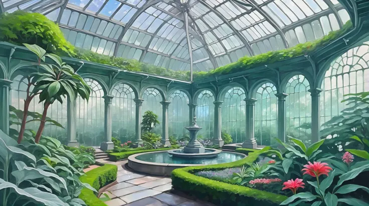 digital art, Botanical garden conservatory in a impossible,pristine fantasy sprawling topia edge of time, masterpiece