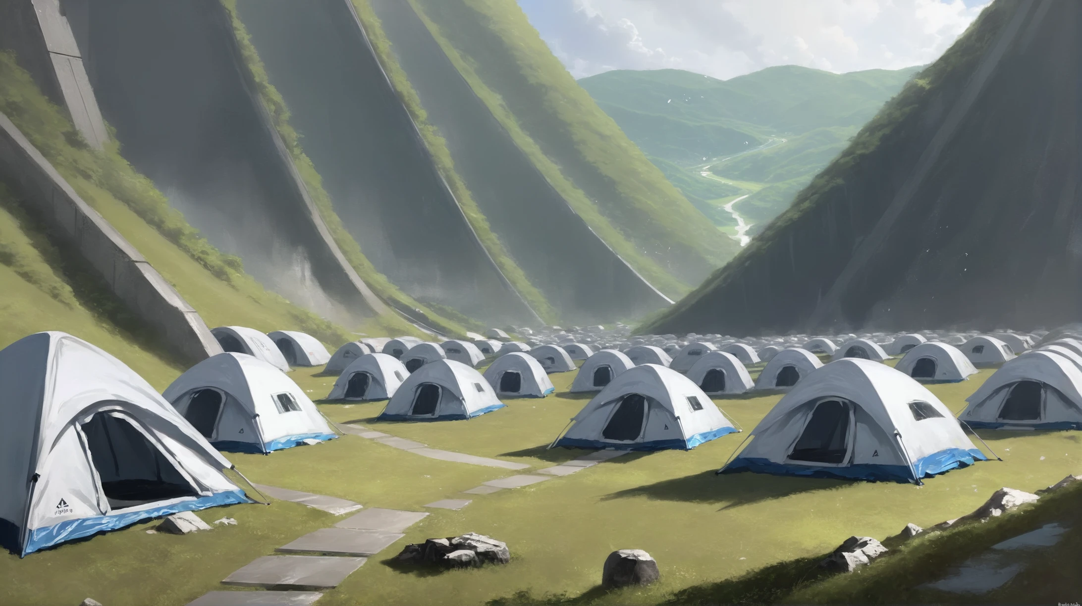 digital art, tent city in a abandoned,epic scifi hillside topia at the end of reality, masterpiece