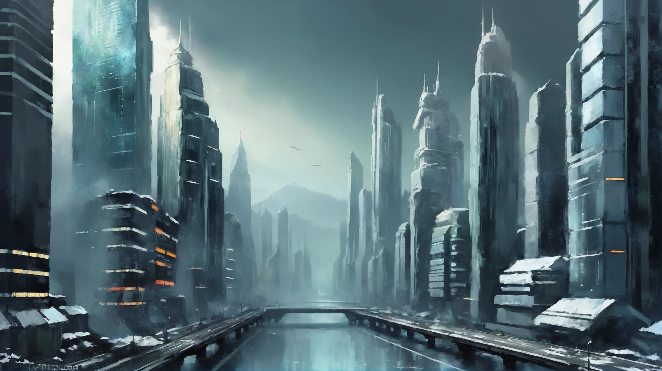 digital art, mysterious,Hyperborean scifi megacity beyond the end of time