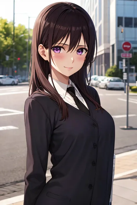 masterpiece, (best quality), 1woman,1girl ,aihara_mei, long hair, black hair, purple eyes , school uniform, necktie, shirt, medium breasts,,sexy woman, smile, blush, vibrant colors ,,natural lighting ,RTX, , beautiful, (detailed face:1.2), showcase, (perfect eyes:1.1) ,(photorealistic:1.1), 8k uhd, looking at viewer, outdoors, simple backround