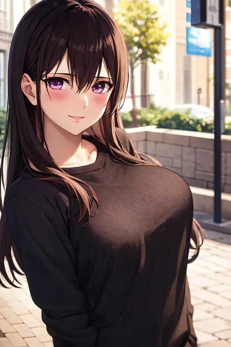 masterpiece, (best quality), 1woman,1girl ,aihara_mei, long hair, black hair, purple eyes , white sweater, ,black shirt, pants, medium breasts,,sexy woman, adult, smile, blush, vibrant colors ,,natural lighting ,RTX, hair between eyes , beautiful, (detailed face:1.2), showcase, (perfect eyes:1.1) ,(photorealistic:1.1), 8k uhd, looking at viewer, outdoors, simple backround
