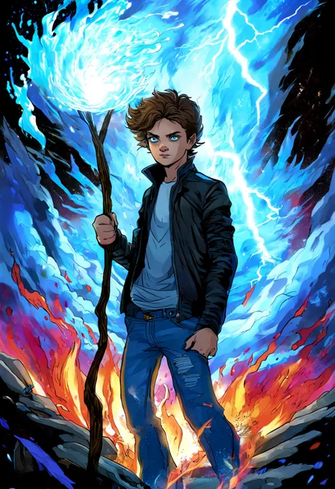 Dustin Lefevre is a young man with messy brown hair and piercing blue eyes. He is wearing a black leather jacket and jeans. He is standing in the middle of a chaotic scene. The sky is dark and stormy. Lightning is striking in the distance. The ground is shaking. There are flames in the background. Dustin is holding a staff in his hand. The staff is made of wood and has a glowing blue crystal on top. Dustin's expression is intense and focused. He is surrounded by swirling elements of water, earth, air, and fire. The elements are represented by different shades of blue, brown, green, and orange. Dustin is controlling the elements with his staff. The elements are responding to his commands. The scene is both beautiful and terrifying.