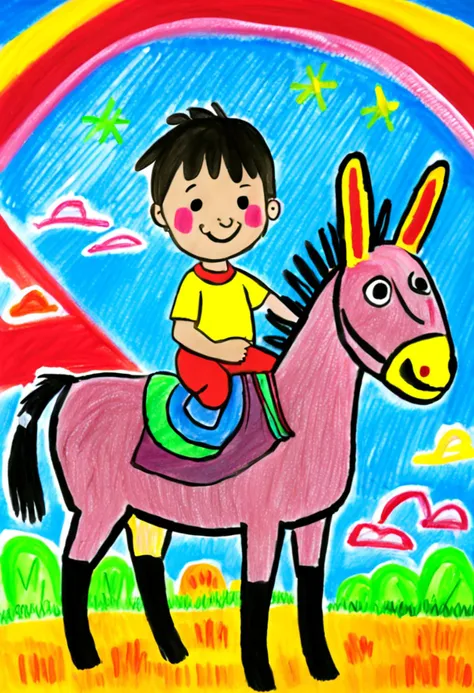 a crayon drawing of donkey riding a horse by 5 year old