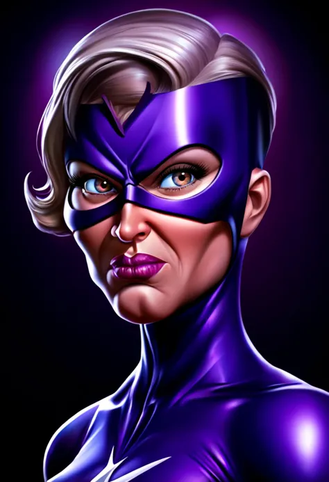 Female superhero character with exaggerated features and a vivid purple color scheme in a caricature style digital illustration, featuring a close-up portrait with stylized realism, hyperbolic proportions, sharp shadows, intense gaze, textured details, and high resolution. Inspired by the works of J Scott Campbell.
