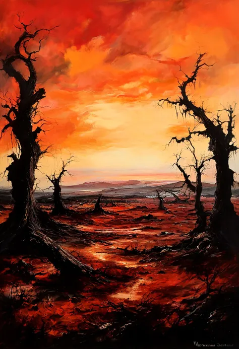 (Landscape of a Wretched) depicts a barren and desolate landscape at sunset. The sky is painted in shades of orange and red, casting a warm glow over the land. In the distance, there are twisted trees and jagged rocks that seem to reach out and grab at anything that comes too close. The landscape is eerie and unsettling, with an air of mystery and danger that hangs heavy over everything.