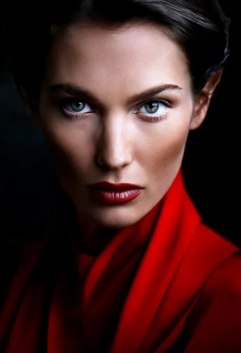 Inspired by Richard Avedon's style, close-up portrait of a woman in red, color digital photograph, vivid lighting, precise framing, photorealism, detailed skin texture, striking facial expressions, high contrast, dramatic background, timeless beauty.