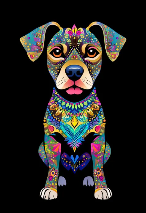 dog, multicolor, mandala body, mandala face, opaque and black background