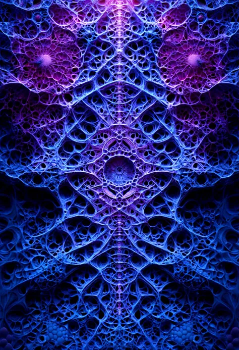 Intricate digital rendering in the style of fractal art by Tom Beddard, featuring symmetrical and highly detailed geometric patterns. The composition includes complex structures reminiscent of cathedral architecture, with repeating motifs and elaborate textures. The color palette is dominated by shades of blue and purple, accented with hints of red, creating a dramatic contrast and depth. The image evokes a sense of complexity and infinite detail, with a 3D-like appearance that draws the eye into its myriad layers and intricate forms.