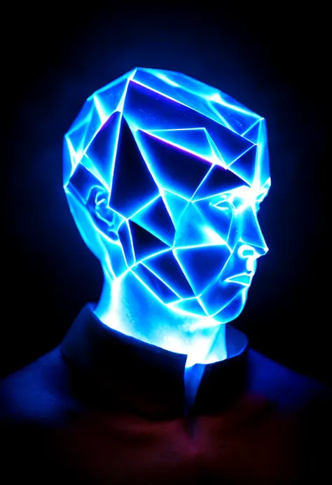 Illuminated Geometric Bust, digital photography, tags: abstract bust, geometric shapes, blue illumination, pink light burst, dark background, futuristic, refracted light, shards, textured surface, radiant energy, contrast, side profile, light effects, conceptual art, vibrant colors, invisible body, artistic expression.