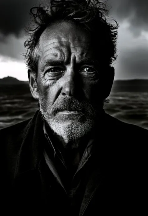 Close-up portrait of a man, tense expression, stormy weather backdrop, dramatic lighting, reminiscent of Ansel Adams' work