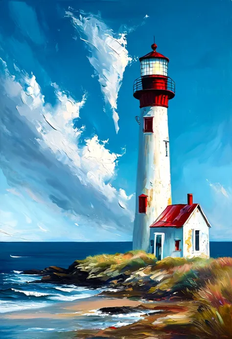 A dilapidated lighthouse, sea breeze, magical realism, reminiscent of the work of Edward Hopper