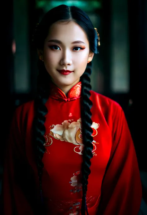 A young woman dressed in a bright red and gold Chinese dress, with her hair styled in long braids that cascade down her back, soft focus digital photograph, traditional elegance, shallow depth of field, inspired by the works of Annie Leibovitz. The portrait features warm lighting that highlights the rich colors of the clothing and creates a serene and intimate mood. The background is muted to draw all attention to the subject's graceful beauty.