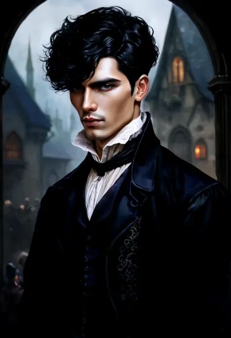 A man in his 20s, victorian style, watercolor realism, black hair, short hair, detailed, dark, medieval style