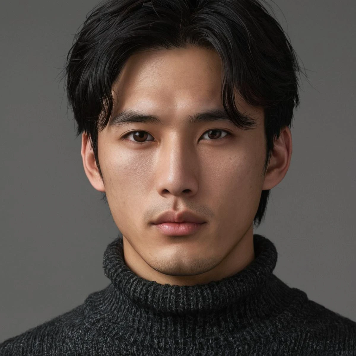 ck,Asian men,mole, solo, lips, mole_under_eye, realistic, upper_body, looking_at_viewer, black_hair, brown_eyes, sweater, forehead, nose, turtleneck, highly detailed <lora:style_lora_realis:0.4>