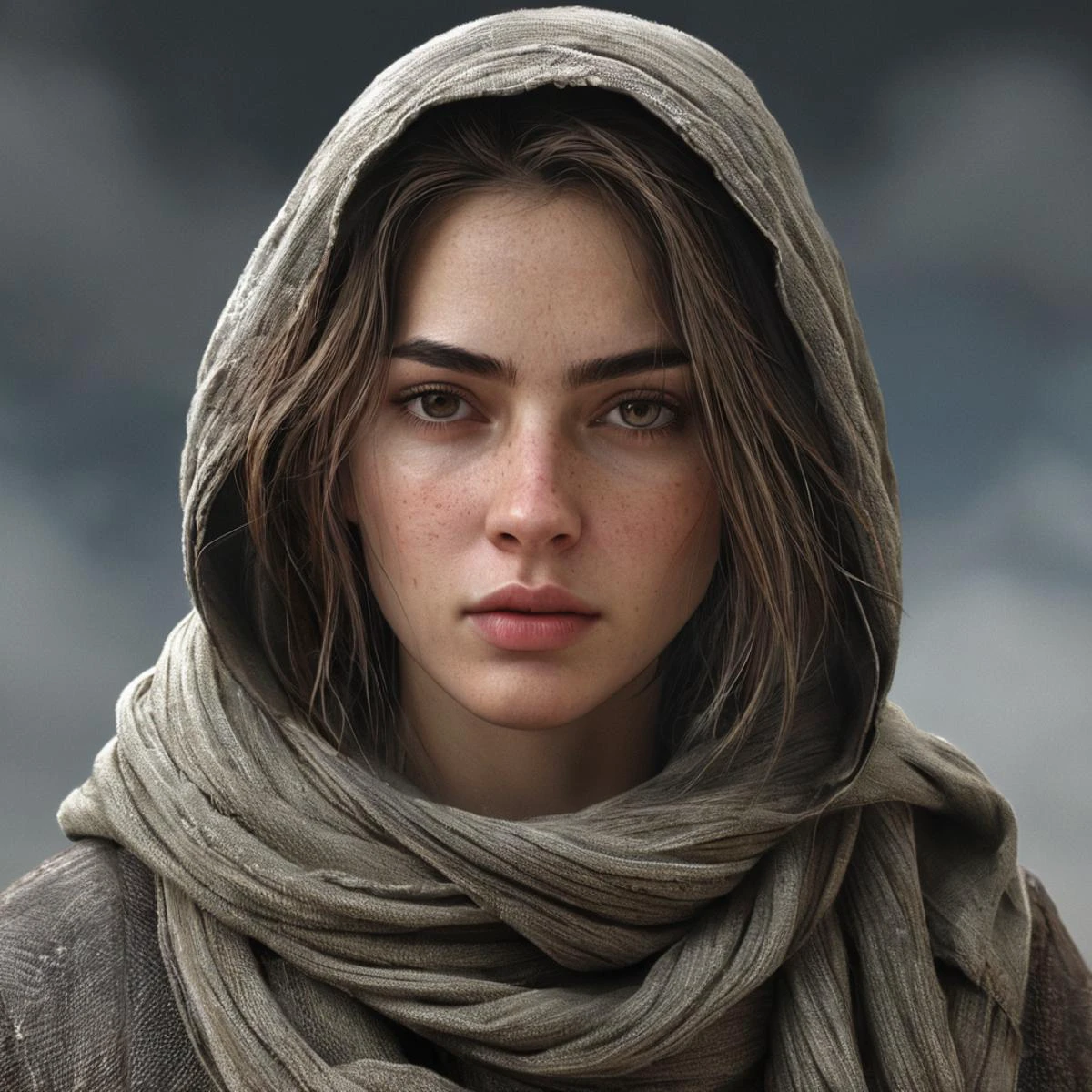 photography, cinematic, digital woman character with weathered clothing and facial features, emphasizing realism, highly detailed, very realistic <lora:style_lora_realis:0.4>