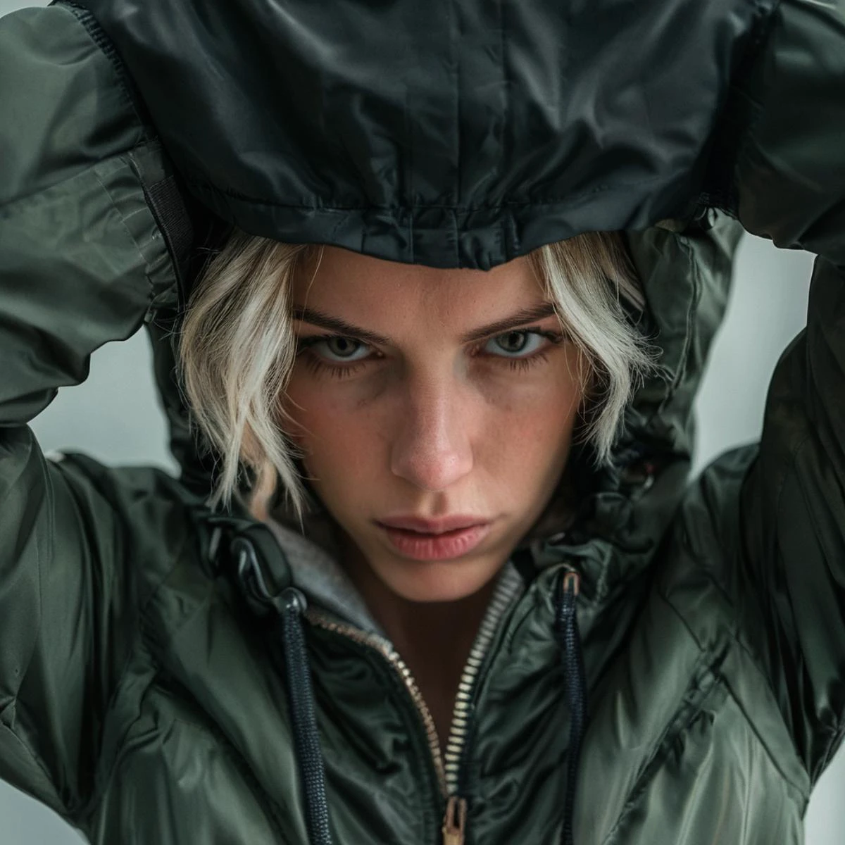 photography, cinematic, an image of a woman looking down at the camera and a jacket over her head, highly detailed <lora:style_lora_realis:0.8>
