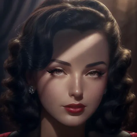 1940s noir woman, sultry eyes, closeup, style of Rolf Armstrong, light and shadow