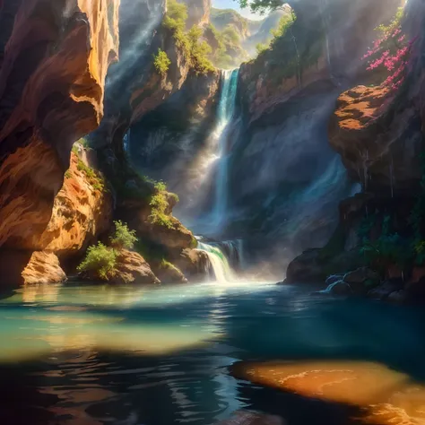 majestic waterfall, crystal-clear waters, canyon walls, atmosphere, style of Lisa Frank, mist