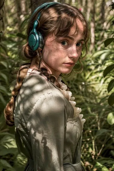 Jane Eyre with (headphones:1.1), in a forest, blue eyes, looking at camera