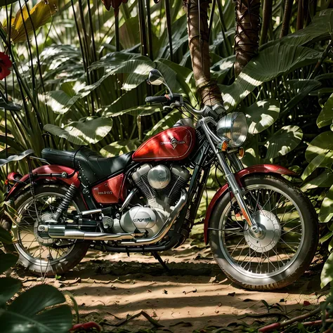 a vintage red motorcycle in a tropical jungle, raining, gleaming polished, flowers