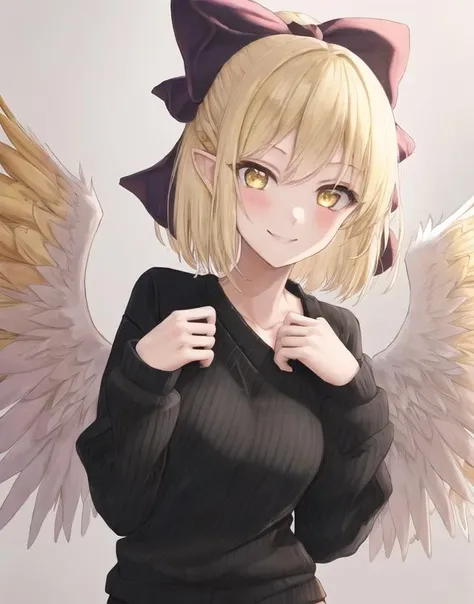 <lora:Gengetsu:1>, 1girl, solo, blonde hair, yellow eyes, short hair, hair bow, wings, black sweater, smile, (masterpiece, best quality),