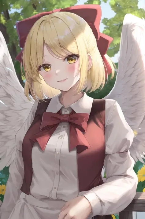 <lora:Gengetsu:1>, 1girl, solo, blonde hair, bangs, short hair, hair bow, red vest, white shirt, wings, white wings, yellow eyes, outdoors, smile, (masterpiece, best quality),