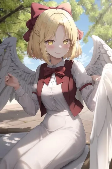 <lora:Gengetsu:1>, 1girl, solo, blonde hair, bangs, short hair, hair bow, red vest, white shirt, wings, white wings, yellow eyes, outdoors, smile, (masterpiece, best quality),