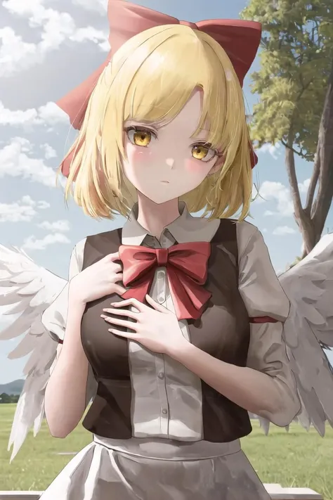 <lora:Gengetsu:1>, Gengetsu, 1girl, solo, wings, blonde hair, yellow eyes, short hair, hair bow, red vest, white dress, parted bangs, separated bangs, outdoors, hand on chest,, (masterpiece, best quality),