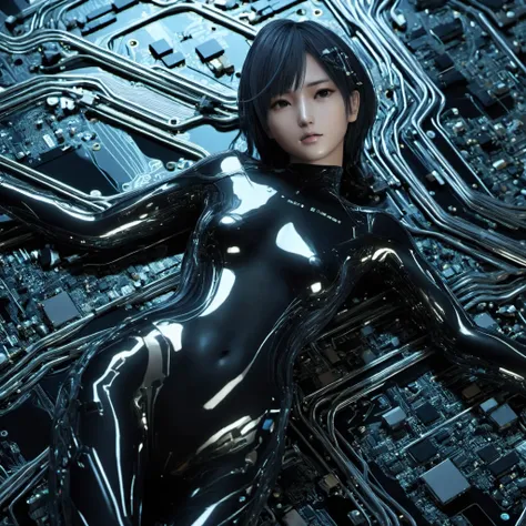 masterpiece, best quality, 1girl named nagisa, in a more dynamic, graceful pose, Dark_Futuristic_Circuit_Boards background, half-body, from above, lying on the board,  bodysuit made of chrome, movie still, ciematic, <lora:doaxvv_nagisa_v2-000012:0.8> <lora:Dark_Futuristic_Circuit_Boards:0.3> <lora:ral-chrome-sdxl:0.3> <lora:JuggerCineXL2:0.7>