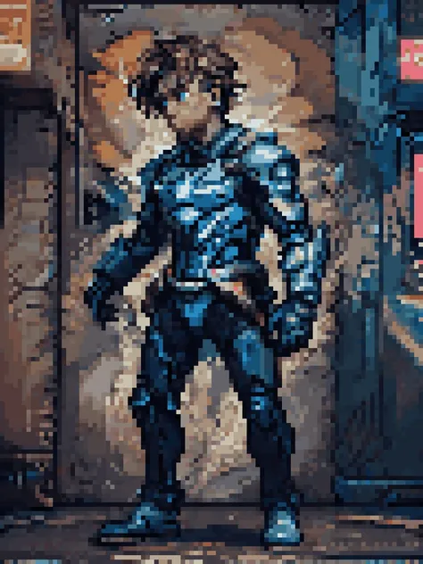 32-bit pixel art, cinematic still, hdr, man in a cyberpunk armored suit as he prepares for war in the streets, detailed background, <lora:Elixir:.7> <lora:ReaLora:.7> <lora:add_detail:.6> <lora:futurcombatsuit:0.8> futurcombatsuit,<lora:Neons:0.48>, Neonpunk style, Cyberpunk, vaporwave, neon, 80s aesthetic, futuristic, high contrast, vibrant, highly detailed, (action shot:1.3), dynamic, movement,, quarter turn,1/4 body pose, full body view, averted gaze, (masterpiece, best quality, absurdres, detailed, ultra-detailed:1.3)