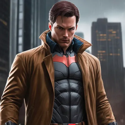 Hyperrealistic art of <lora:Red Hood:1.2>
Red Hood a brunette man in a brown jacket holding a gun in Gotham city universe, Extremely high-resolution details, photographic, realism pushed to extreme, fine texture, incredibly lifelike