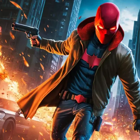anime artwork of  <lora:Red Hood:1.2>
Red Hood a man in a hoodie and a hoodie holding a gun with big explosion in background in Gotham city universe, anime style, key visual, vibrant, studio anime,  highly detailed