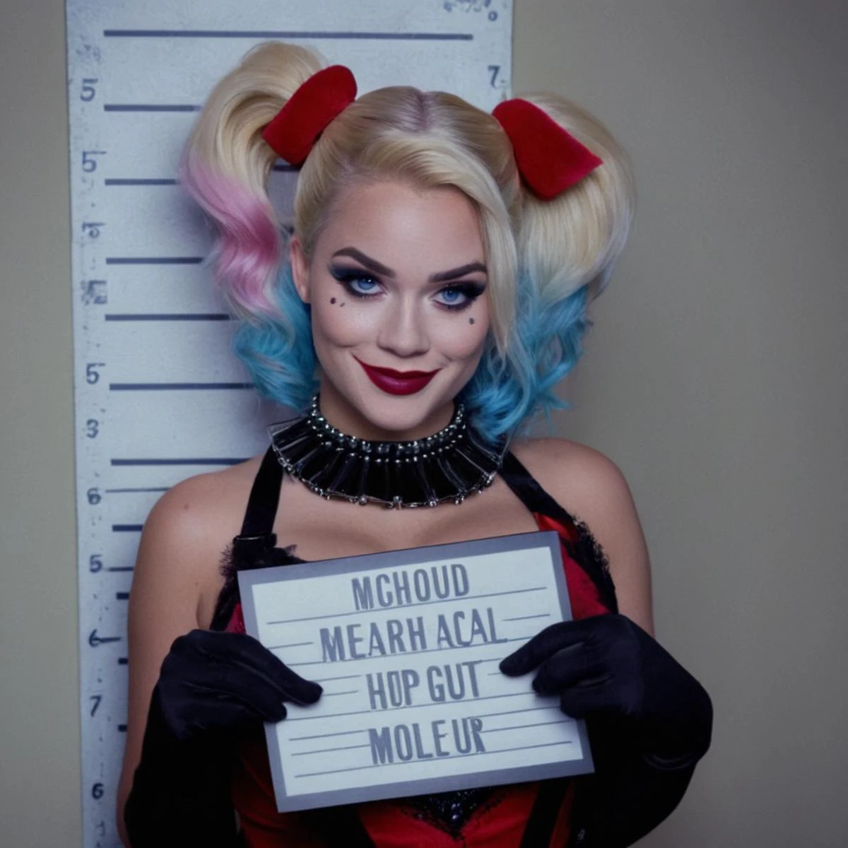 cinematic film still of <lora:Mugshots style:1> (((mugshot wall)))
A Mugshot photo of a chubby Harley Quinzel woman dressed as a clown holding a sign behind a mugshot wall,1girl,solo,breasts,looking at viewer,smile,blue eyes,blonde hair,gloves,navel,twintails,jewelry,medium breasts,nipples,blue hair,upper body,pink hair,multicolored hair,earrings,censored,teeth,black gloves,necklace,mosaic censoring,collar,english text,blood,tattoo,gradient hair,makeup,piercing,lipstick,fishnets,spikes,eyeshadow,red lips,out-of-frame censoring,spiked collar,middle finger,profanity,fishnet top , mugshot style <lora:Harleen Quinzel:1>, shallow depth of field, vignette, highly detailed, high budget, bokeh, cinemascope, moody, epic, gorgeous, film grain, grainy