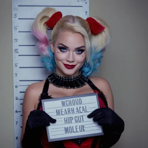 cinematic film still of  <lora:Mugshots style:1> (((mugshot  wall)))
A Mugshot photo of a chubby Harley Quinzel woman dressed as a clown holding a sign behind a mugshot wall,1girl,solo,breasts,looking at viewer,smile,blue eyes,blonde hair,gloves,navel,twintails,jewelry,medium breasts,nipples,blue hair,upper body,pink hair,multicolored hair,earrings,censored,teeth,black gloves,necklace,mosaic censoring,collar,english text,blood,tattoo,gradient hair,makeup,piercing,lipstick,fishnets,spikes,eyeshadow,red lips,out-of-frame censoring,spiked collar,middle finger,profanity,fishnet top ,  mugshot style <lora:Harleen Quinzel:1>, shallow depth of field, vignette, highly detailed, high budget, bokeh, cinemascope, moody, epic, gorgeous, film grain, grainy